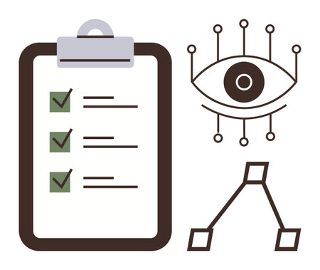Clipboard with checklist, eye with network nodes, and hierarchical flowchart. Ideal for productivity, planning, data analysis, monitoring, task management automation and decision-making. A simpleのイラスト素材