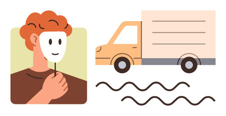 Person holding a mask symbolizing identity, a delivery truck indicative of movement or logistics, and wavy lines suggesting change or flow. Ideal for themes thumbs up identity, transportationのイラスト素材