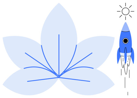 Rocket soaring toward the sun next to a stylized flower with soft blue petals. Ideal for progress, innovation, growth, creativity, sustainability, technology, success. Simple flat metaphorのイラスト素材
