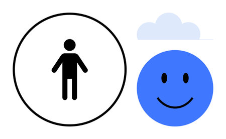 Human and emotion concept. A stick figure in a circle and a smiling blue face with a cloud depict positivity and well-being. Human and emotion ation for wellness, balance, mindfulness, mental healthのイラスト素材