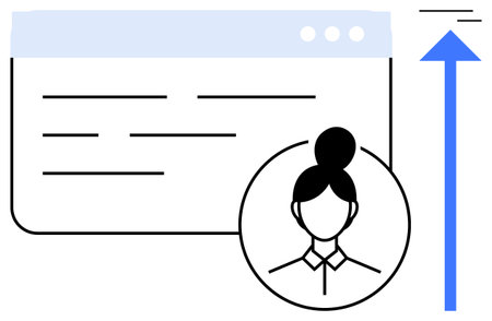 Browser window with text lines and a user avatar icon, paired with an upward arrow signifying progress. Ideal for technology, user experience, navigation, account setup, digital profiles, interfaceのイラスト素材