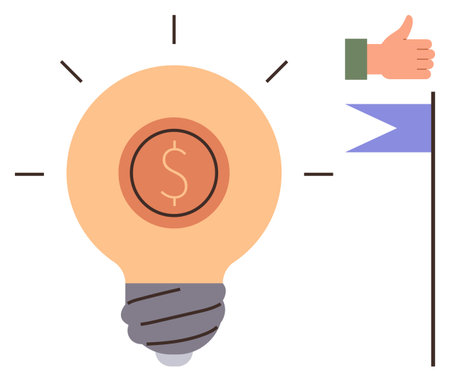 Lightbulb with dollar symbol, thumbs-up, and flag symbolize creativity, success, motivation, achievement, goal-setting, financial growth and strategic planning. Ideal for businessのイラスト素材