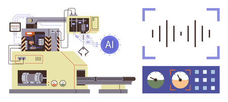 Industrial machine system with AI integration, soundwave analysis, control panel, and moving conveyor belt. Ideal for automation, manufacturing, AI, smart tech innovation robotics industry 4.0のイラスト素材