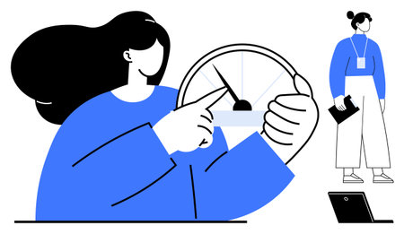 Woman interacting with speedometer concept, emphasizing metrics and progress. Secondary character holding clipboard symbolizes planning. Ideal for performance tracking, analytics, productivityのイラスト素材