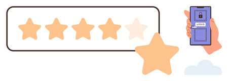 Five-star rating system with one star emphasized. Hand holding smartphone showing locked screen. Ideal for feedback, rating, security, customer service, reviews, digital validation, simple flatのイラスト素材