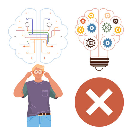 Brain map with connections, lightbulb filled with gears, person thinking, red prohibition circle. Ideal for innovation, problem-solving, logic, critical thinking, creativity decision-makingのイラスト素材