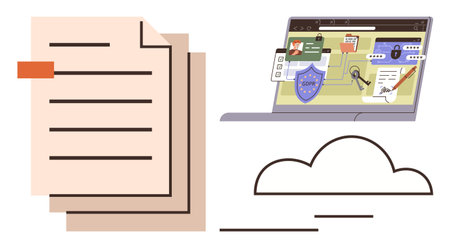 Stack of documents, cloud, and laptop with security elements thumbs up shield, lock, and password. Ideal for cybersecurity, cloud storage, data privacy, online security document management digitalのイラスト素材
