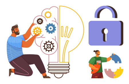 Man assembling gears in lightbulb, another fixing puzzle pieces, security lock symbolizing protection. Ideal for teamwork, creativity, brainstorming, innovation, security, development simple landingのイラスト素材