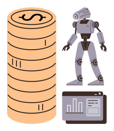 Robot figure next to stacked coins and data analytics interface symbolizes AI and automation in finance and technology. Ideal for fintech, robotics, economy, innovation, future, data insightsのイラスト素材