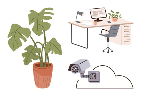 Modern office setup with desk, computer, swivel chair, greenery in pots, and CCTV surveillance connecting to cloud. Ideal for office productivity, technology, remote work, privacy securityのイラスト素材