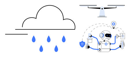 Autonomous robot multitasking under a flying drone and raindrops from a cloud. Ideal for technology,...