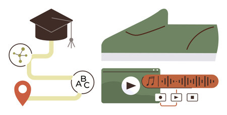 Graduation cap, learning path, video player, and sound wave representing education, digital learning, multimedia, growth, and streaming platforms. Ideal for technology e-learning innovationのイラスト素材