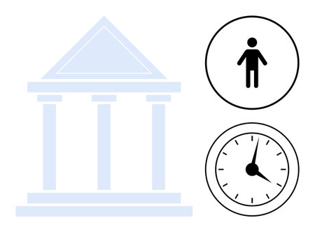 Courthouse with prominent columns paired with clock and person icon symbolizing law, justice, time management, citizenship, governance, public services, and institutions. Ideal for legal, civic orのイラスト素材