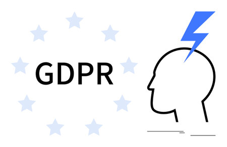 GDPR text encircled by EU stars alongside a lightning bolt striking a head profile symbolizing data protection, information security, compliance. Ideal for privacy laws, cybersecurity, EUのイラスト素材