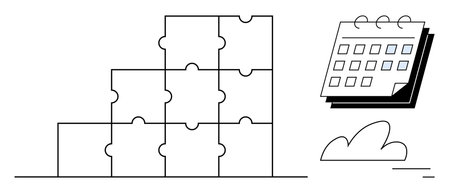Pyramid of interlocking puzzle pieces, detailed calendar with marked squares, floating cloud illustration. Ideal for planning, teamwork, scheduling, strategy, structure, organization simple landingのイラスト素材