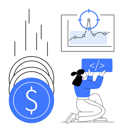 Stacked coins, person studying coding, and data analytics graph. Ideal for finance, programming, analytics, business solutions, startups education technology. Great for a simple landing pageのイラスト素材