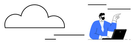 Businessman in suit working on laptop, pointing to large cloud graphic. Ideal for cloud computing, remote work, data storage, innovation, teamwork, creativity, simple flat metaphorのイラスト素材