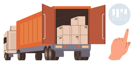 Cargo truck loaded with boxes, rear doors open, hand interacts with digital choice. Ideal for logistics, shipping, delivery, e-commerce, supply chain inventory transportation. Simple flat metaphorのイラスト素材