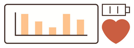 Bar chart with orange bars, battery indicating energy levels, and heart symbolizing health. Ideal for fitness tracking, wellness apps, healthcare analytics, productivity tools, energy monitoringのイラスト素材