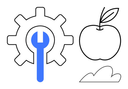 Gear with wrench signifies repair and technological processes, apple represents health and knowledge, and cloud conveys nature or technology. Ideal for technology, nature, learning, innovationのイラスト素材