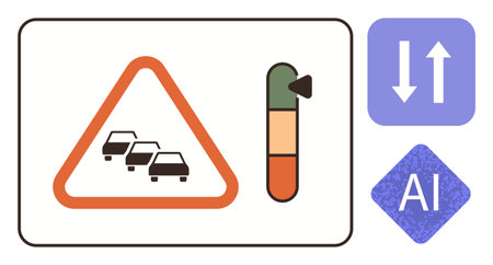 Traffic warning sign with cars in queue, congestion indicator and AI processing icons. Ideal for transportation, automation, road safety, mobility, smart city systems, tech solutions, simple flatのイラスト素材