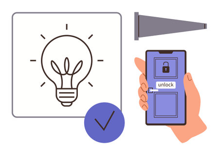Hand holding smartphone with unlock feature, light bulb for ideas, tick mark, and a lock. Ideal for security, technology, innovation, home automation access control creativity and progress. Aのイラスト素材