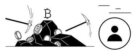 Mining tools and cryptocurrency symbols over rocks, with a user profile icon. Ideal for cryptocurrency, blockchain, digital finance, technology, business, innovation, simple landing pageのイラスト素材