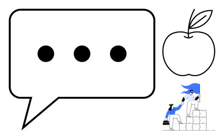 Speech bubble, apple, and a team climbing blocks with a leader. Ideal for communication, education,...
