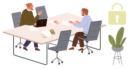 Two professionals in discussion at a desk with laptops, papers, and books, emphasizing data security. Ideal for teamwork, business, collaboration, security, technology office corporate environmentのイラスト素材