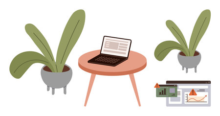 Laptop on round table surrounded by plants with data warning icons. Ideal for productivity, analysis, alert, eco workspaces, environmental caution, technology, and home office metaphor. Simple flatのイラスト素材