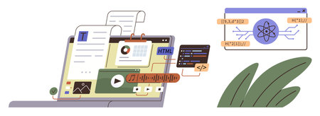 Coding interface with HTML elements, charts, media assets on laptop, coding frameworks, and a graphic node diagram. Ideal for web development, programming, coding, tech design digital creativityのイラスト素材