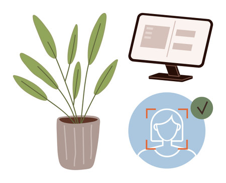 Computer monitor displaying digital interface, green plant, and face recognition icon in focus. Ideal for technology, biometrics, eco-design, security, innovation, human-centered tech simple flatのイラスト素材