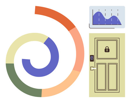 Circular segmented chart, line graph on a screen, locked door with scanner. Ideal for analytics, security, technology, business, progress, innovation simple flat metaphorのイラスト素材