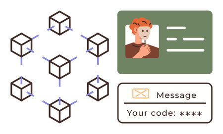 Networked blockchain cubes, ID card with user profile, and secure code message. Ideal for authentication, cybersecurity, blockchain, privacy, digital identity, system security and modernのイラスト素材