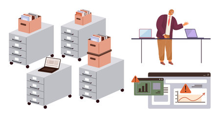 Filing cabinets with document boxes and laptops represent physical storage solutions. A businessperson working with graphs and charts reflects digital data analysis. Ideal for office workflowのイラスト素材