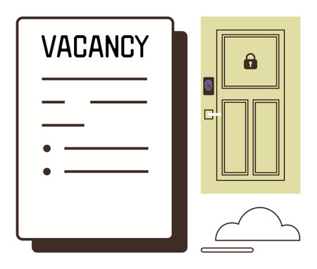 Job vacancy sheet with bullet points beside a closed door with a lock, symbolizing employment, security, privacy, and opportunity. Ideal for recruitment, hiring, privacy themes, HR resources jobのイラスト素材