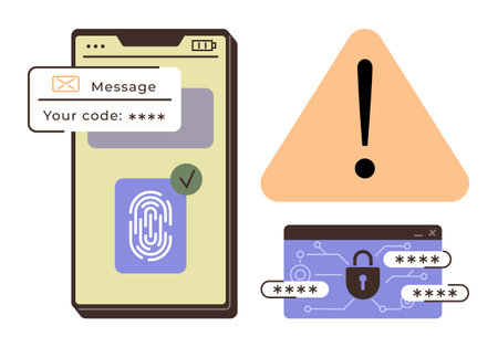 Smartphone with fingerprint login, SMS verification code, digital lock, and alert icon. Ideal for...
