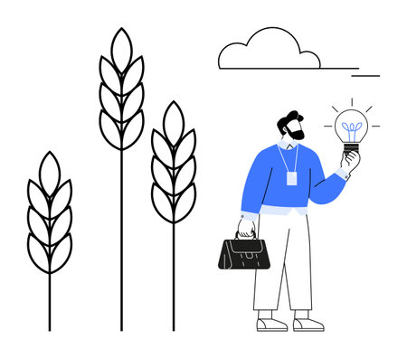 Businessperson with briefcase holding glowing lightbulb near wheat stalks under cloud. Ideal for agriculture, innovation, sustainability, ideas, food production, growth, eco-solutions. Simple flatのイラスト素材
