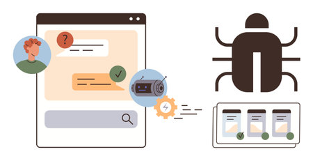 Chat conversation with chatbot, user query, bug icon, solution screens, and gears for processing. Ideal for problem-solving, debugging, coding, software automation IT support simple flat metaphorのイラスト素材