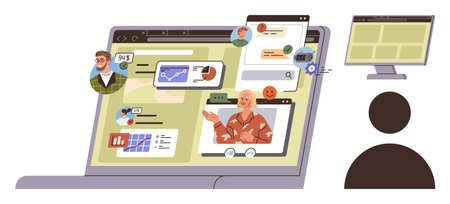 Laptop screen displaying video calls, group chats, data analytics, and notifications, with silhouette viewing another monitor. Ideal for communication, teamwork, technology, remote work educationのイラスト素材