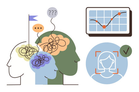 Abstract heads with tangled lines, speech bubbles, goals, charts, and profile analysis portray decision-making, problem-solving, goals, mental health, self-awareness analytics and creativity inのイラスト素材