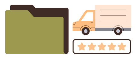 File folder, delivery truck, and five-star rating signifying efficient logistics, customer satisfaction. Ideal for logistics, organization, quality service, delivery, customer service trustのイラスト素材
