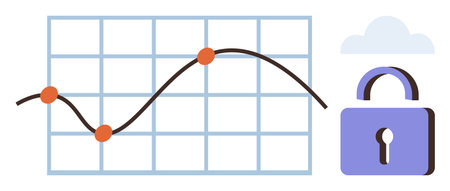 Analytics chart with trend line and data points on a grid backdrop next to a padlock and cloud. Ideal for cybersecurity, data protection, analytics, cloud storage, privacy, IT solutions, simpleのイラスト素材