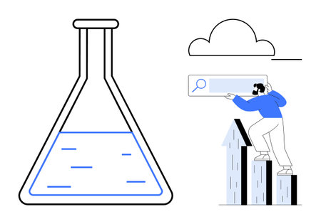 Laboratory flask with liquid beside a figure reaching for a search bar atop bar graphs. Ideal for science, research, innovation, analysis, growth, data, education. Simple flat metaphorのイラスト素材