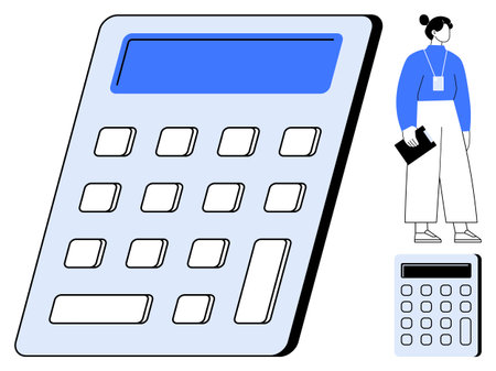 Oversized calculator next to a woman holding notepad. Ideal for finance, accounting, budgeting, education, calculation, analysis, data organization. A simple flat metaphorのイラスト素材