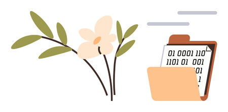 Delicate flower branch beside open folder containing digital binary code sheets, blending technology and nature. Ideal for sustainability, eco-tech, innovation, balance, digital storage, harmonyのイラスト素材