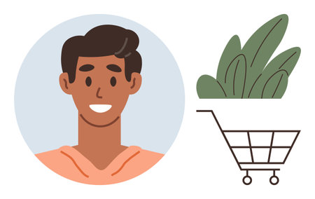 Smiling individual portrait beside a shopping cart carrying fresh green leaves. Ideal for sustainability, shopping, health, wellness, eco-friendly living, customer experience, simple flat metaphorのイラスト素材