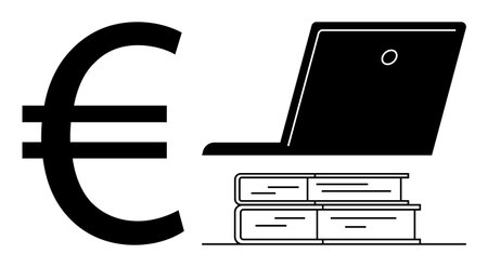 Euro sign beside laptop on books illustrates financial, digital learning, innovation. Ideal for online education, e-learning, knowledge economy, financial planning, tech globalization. Simple flatのイラスト素材