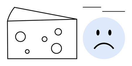 Food allergies. A sad face and cheese icon symbolize food allergies, lactose intolerance, and challenges in nutrition. Food allergies impact health, communication, and education. Useful for wellnessのイラスト素材