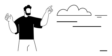 Cloud computing concept. A man gestures toward a cloud cloud computing. Cloud computing shows connectivity and storage solutions. For technology, innovation, IT, collaboration, and designのイラスト素材